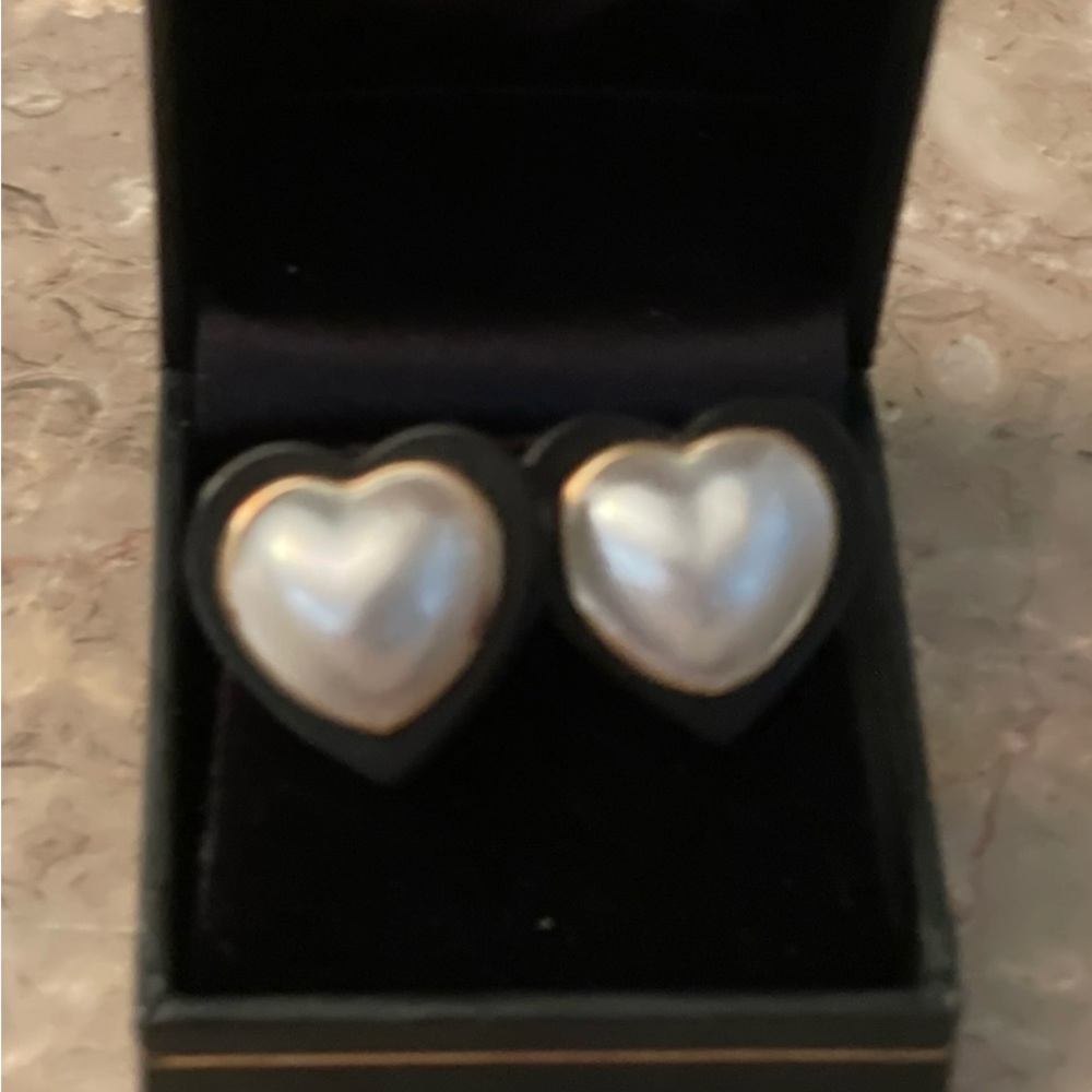 Heart Shaped Black Onyx with Mabe Pearl Center Earrings